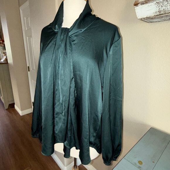 NWT Anne Klein Womens Satin Tie Neck Bow Long Sleeve Blouse Emerald Green XL - Picture 4 of 14